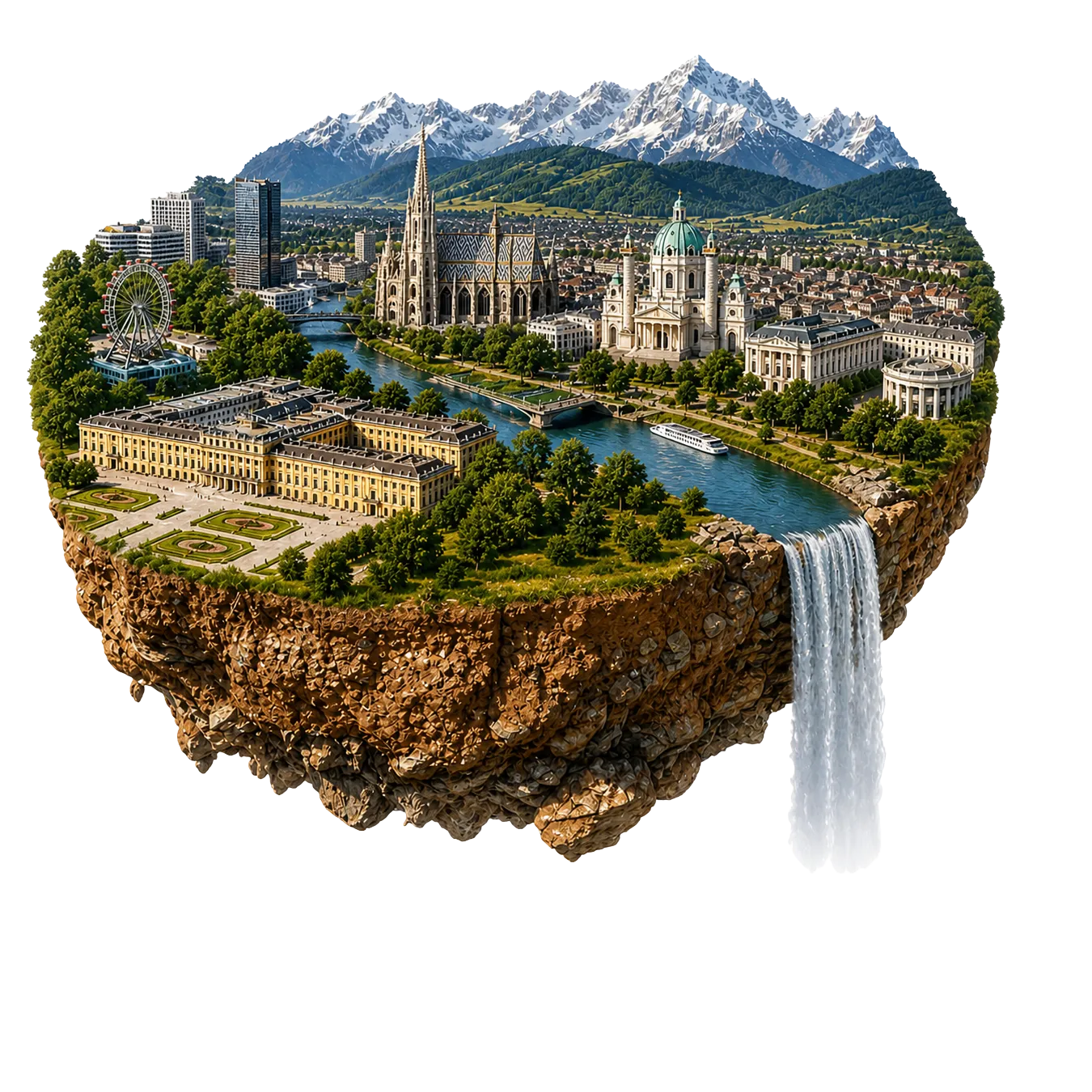 Detaillierte, fotorealistische Darstellung einer schwebenden Insel mit einer Miniaturversion von Wien. Zu sehen sind bekannte Bauwerke wie der Stephansdom, die Karlskirche und Schloss Schönbrunn, durchzogen von einem Fluss mit Brücken und einem Wasserfall am Rand der Insel. Im Hintergrund erheben sich beeindruckende, schneebedeckte Alpen.